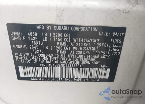 2018 Subaru Outback 3.6R Limited from USA, damaged, VIN 4S4BSENC1J3358349